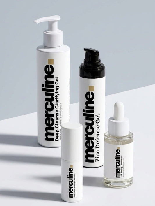 merculine The Clear Skin System — blemish-prone skin bundle: deep cleanse gel, zinc defence gel, AHA peeling concentrate, SPF50