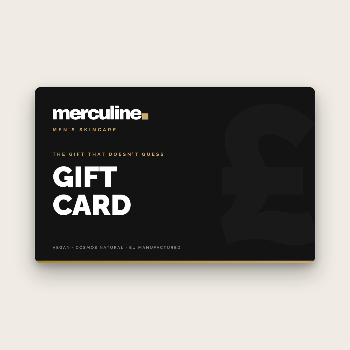 The merculine Gift Card — black card with merculine men's skincare branding, values from £25 to £80